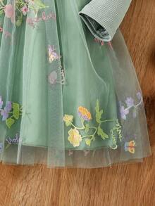 Mädchen grünes Blumen besticktes Taillennetz Kleid Langarm, Mädchen Patchwork Lässig Jumpsuit Frühling Herbst, Teenager gestrickt süß modisch Rüschen Saum Kleid, Prinzessin Kleid, geeignet für 4-5-6-7-8 Jahre alt, weich und bequem, geeignet für Outdoor, Spiel, Alltag, Reise, Party