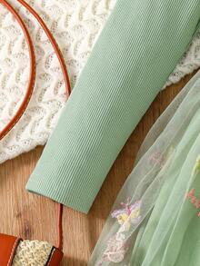 Mädchen grünes Blumen besticktes Taillennetz Kleid Langarm, Mädchen Patchwork Lässig Jumpsuit Frühling Herbst, Teenager gestrickt süß modisch Rüschen Saum Kleid, Prinzessin Kleid, geeignet für 4-5-6-7-8 Jahre alt, weich und bequem, geeignet für Outdoor, Spiel, Alltag, Reise, Party