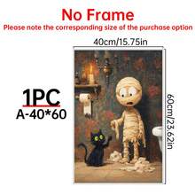1PC Halloween Cat And Mummy Print, Funny Bathroom Decoration, Scary Halloween Decoration, Cat Lover Halloween Gift, Cat Litter Box Humor, Canvas Wall Art, Posters For Room, Home Decoration, Room Decoration Aesthetic, Room Decoration Stuff. Optional Frame