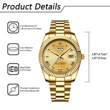JEWELRYWE Elegant Men's Formal Watch, Analog Quartz Wristwatch, Stainless Steel Strap, Round Case, Calendar, Date, Luminous, Roman Numeral Scale, Suitable For Daily Casual Business Wear, Father's Day Birthday Anniversary Christmas Gift - 金色-白色 - 查看 2
