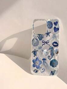 1 pieza Funda de teléfono a prueba de golpes, a prueba de huellas dactilares, antiarañazos, transparente, IMD, suave, brillante con diseño de concha azul y tortuga, resistente al agua - Multicolor - Ver 3