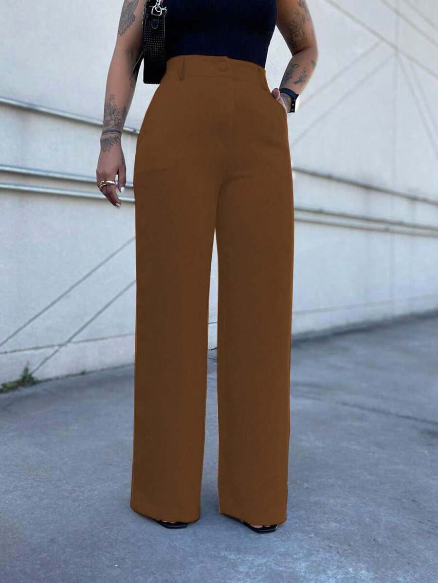 FASHION MO, REF: 4714 | Women's Wide-Leg Pants, High Waist, Functional Side Pockets, Romantic Fabric With Lycra Cotton Polyester Elastane, Stylish Bell Bottom, Monsca Zipper, Hip-Lifting Design, Super Comfortable Fit, Elegant And Versatile Social Piece For Everyday Wear - 巧克力棕 - 查看 1