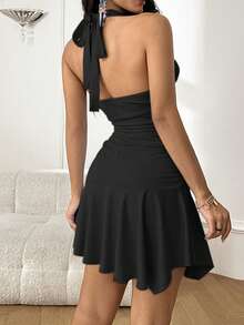 WOWDARK 夏季连衣裙，黑色时尚性感深V腰部不对称下摆优雅连衣裙，适合女士，可用于狂欢节、约会、聚会、派对、旅行、度假、海滩等场合。 - 黑色 - 查看 6