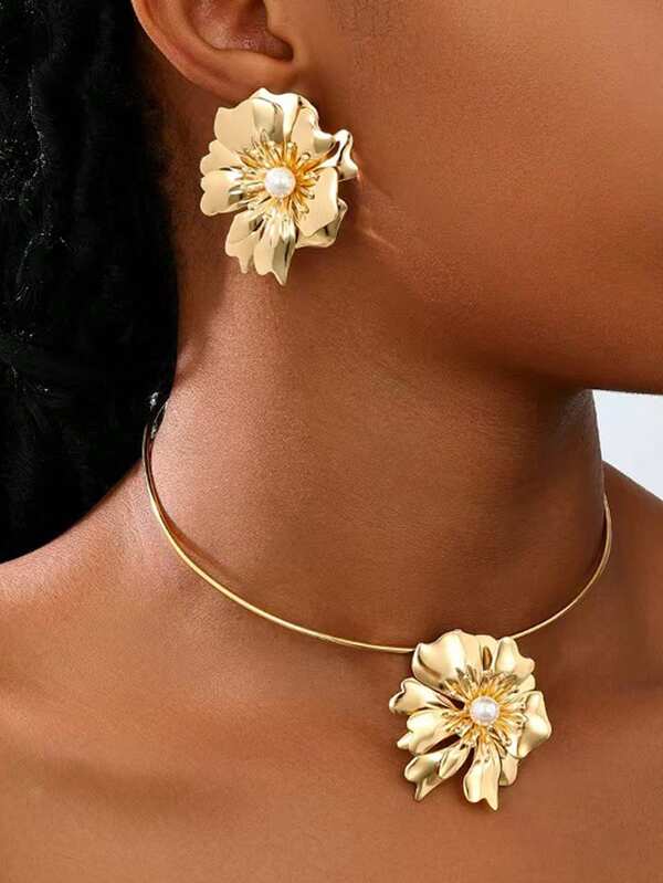 3pcs Women Jewelry Set, Fashionable Vibrant Asymmetrical Double-Layer Flower Pearl Inlaid Necklace And Earrings Set, Suitable For Party And Music Festival