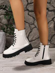 Women's Fashion Boots Lace-Up Thick Sole White Glossy PU Leather Ankle Boots Side Zipper Retro Motorcycle Boots