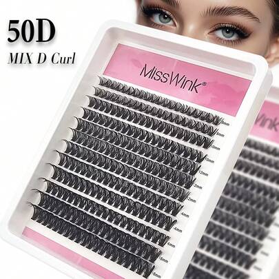  Miss Wink 50D Soft Curled Natural Eyelash Extensions, 8-16mm Mixed Length, 0.07mm D Curl, 12 Rows Total 240 Strands, 3D Lightweight DIY Lash Kit, Suitable For Natural, Dramatic And Daily Makeup, Portable And Easy To Use, Suitable For Daily Wear Or Events