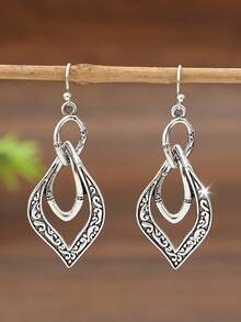 1对极简复古波西米亚风格镂空雕刻金属耳环 - 復古銀色 - 查看 8