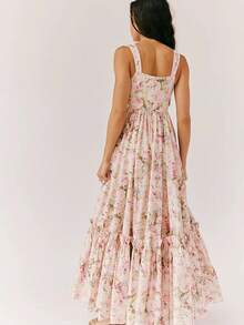 Women Slip Dress Sleeveless Floral Pleated Swing Dress Summer Long Vacation Dress - Hồng - Xem 4