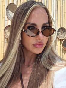 1 Pair Retro Oval Small Frame Fashion Fashion Glasses, Unisex, Stylish High-End Casual Daily Wear, Women Beach Accessory Glasses - Brown - View 6
