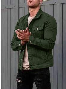 Men's Slim Casual Cotton Denim Jacket Coat - 軍綠色 - 查看 2