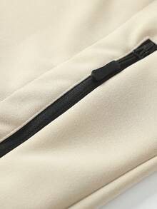 男士纯色学院风拉链连帽衫，左右上下拉链口袋，100% 涤纶，长袖带口袋，休闲日常穿着，宽松版型，无弹力针织面料，秋冬 - 杏色 - 查看 6