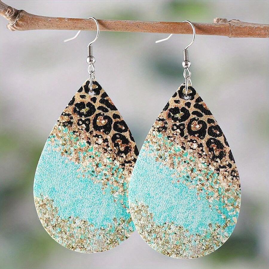 1 par de pendientes de gota de agua acrílica 2D con estampado de leopardo vintage minimalista y brillo para mujeres