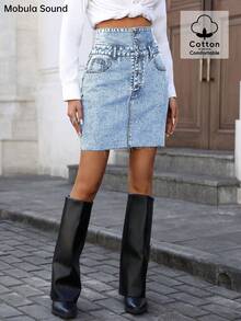 Váy midi denim cạp cao đính nút gợi cảm thanh lịch lãng mạn thường ngày đa năng cho lễ hội âm nhạc mùa hè - Màu xanh lam - Xem 6