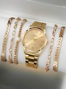 6pcs Women's Fashion Casual Mixed Stainless Steel Band Elegant Dial Quartz Watch Bracelet Jewelry Set, Suitable For Daily Wear Or Holiday Gifts - Gold - View 1