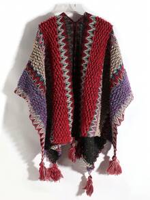1pc Women's Fashion Multi-Color Wavy Pattern Bohemian Style Knitted Windproof Warm Tassel Shawl Poncho, Suitable For Daily, Travel, Shopping Outings (May Have A Stimulating Odor, Which Is Normal. After Receiving, Can Be Aired Outside) For Dress - Multicolor - View 10