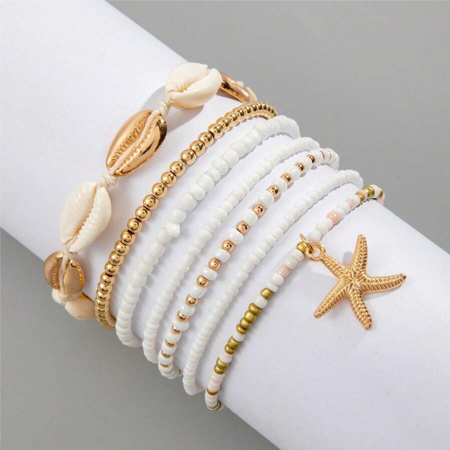 7pcs/Set Of Fashionable Stacked Beach Casual Vacation Starfish Hand Accessories Bohemian Rice Bead Bracelet Set Party Gift For Women Fashion Jewlery - 白色 - 查看 1