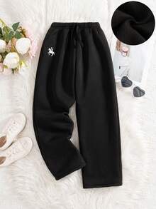 Tween Girls Casual Solid Color Faux Drawstring Embroidered Cartoon Pattern Elastic Waist Thermal Lined Pants & Oversized Hoodie, Autumn/Winter