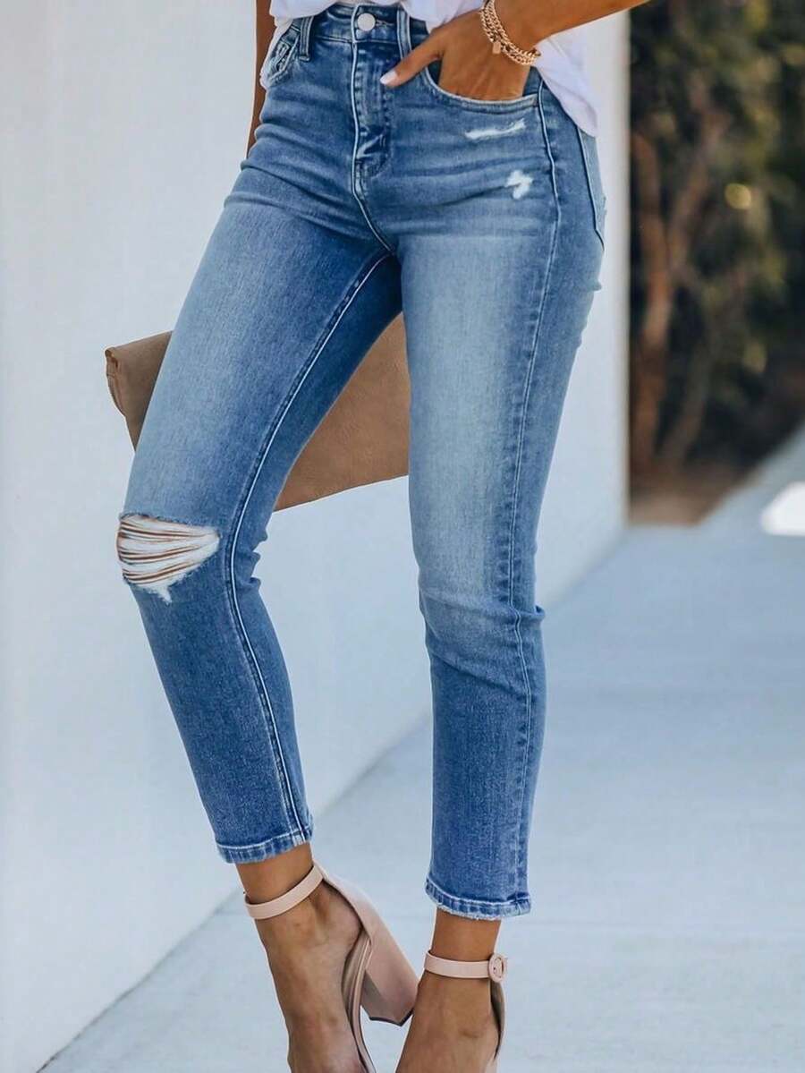 High-Waisted Skinny Jeans For Women With Tapered Legs, White Water-Washed, 25 Years Old, Summer Style, Tight-Fitting To Show The Slender Legs. - 淺色水洗藍 - 查看 1