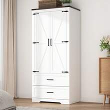 2/3/4 Doors Wardrobe Armoire Closet With Doors And Drawers, Farmhouse Wooden Armoire Storage Cabinet With Shelves & Hanging Rod For Bedroom - trắng - Xem 2
