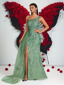 Elisanya Sequin Embroidered High Waist Long Chiffon Ribbon Backless Party Dress (Embroidery Placement Random) - Green - View 7