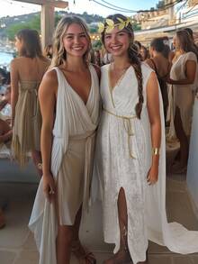 Ancient Greek Goddess Costume, White Velvet Maxi Dress With Gold Accents, Roman Toga Style Halloween Cosplay Gown - 白色 - 查看 4
