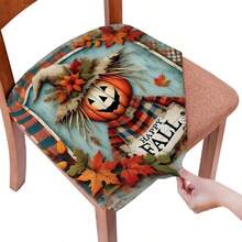 1/4/6/40pcs Halloween Themed Scarecrow And Pumpkin Printed Removable Full-Cover Stretchable Milk Fiber Fabric Chair Covers ,Restaurant Chair Covers - Square Chair Cushion Covers For Restaurant Kitchen Dining Hotel Seat Covers Removable Soft Cushion Chair Covers