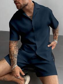 男士夏季两件套套装，轻盈透气的亚麻衬衫和抽绳短裤，复古绅士风格休闲沙滩婚礼派对度假旅行装，父亲节送给丈夫、爸爸、男友的礼物，舒适百搭