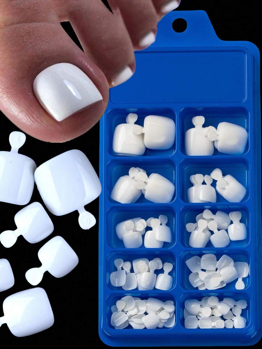 120片亮面假脚趾甲，12种尺寸/盒，白色按压式指甲，全覆盖短方形人造脚趾甲，亚克力美甲贴纸，适合女性和女孩，白色指甲，美甲用品 - 白色 - 查看 1