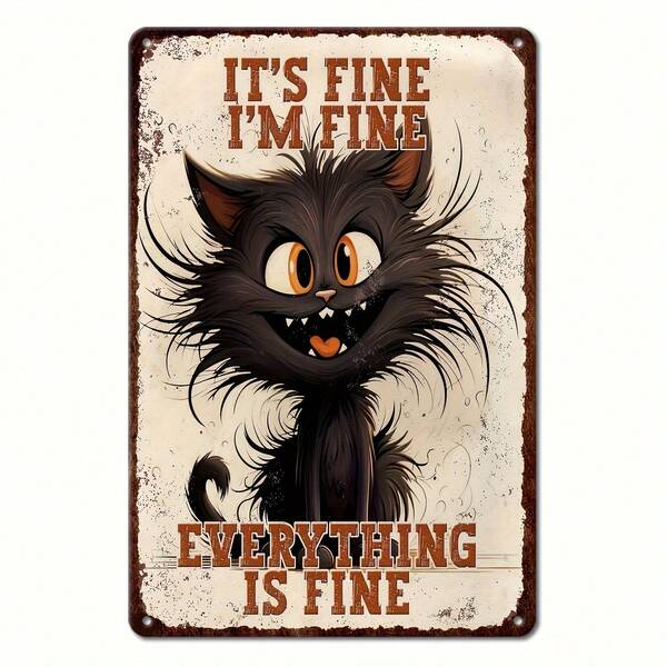 Iron Cat Metal Wall Decor - 12x8inch Vintage Wrought Iron Poster, Humorous Slogan "It's Okay, I'm Fine, Everything's Fine" - Suitable For Garage, Porch, Home, Cafe, Farmhouse Decoration
