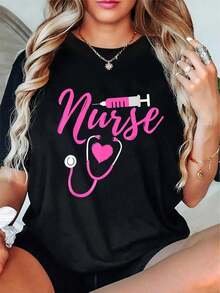 Nurse Week Graphic T-Shirt - Black With Pink Nurse Syringe & Heart Design, Soft Everyday Tee For RN, CNA, Nursing, Healthcare Workers - Nurse Appreciation Gifts, Birthday Or Graduation Present, Nurses - 黑色 - 查看 1