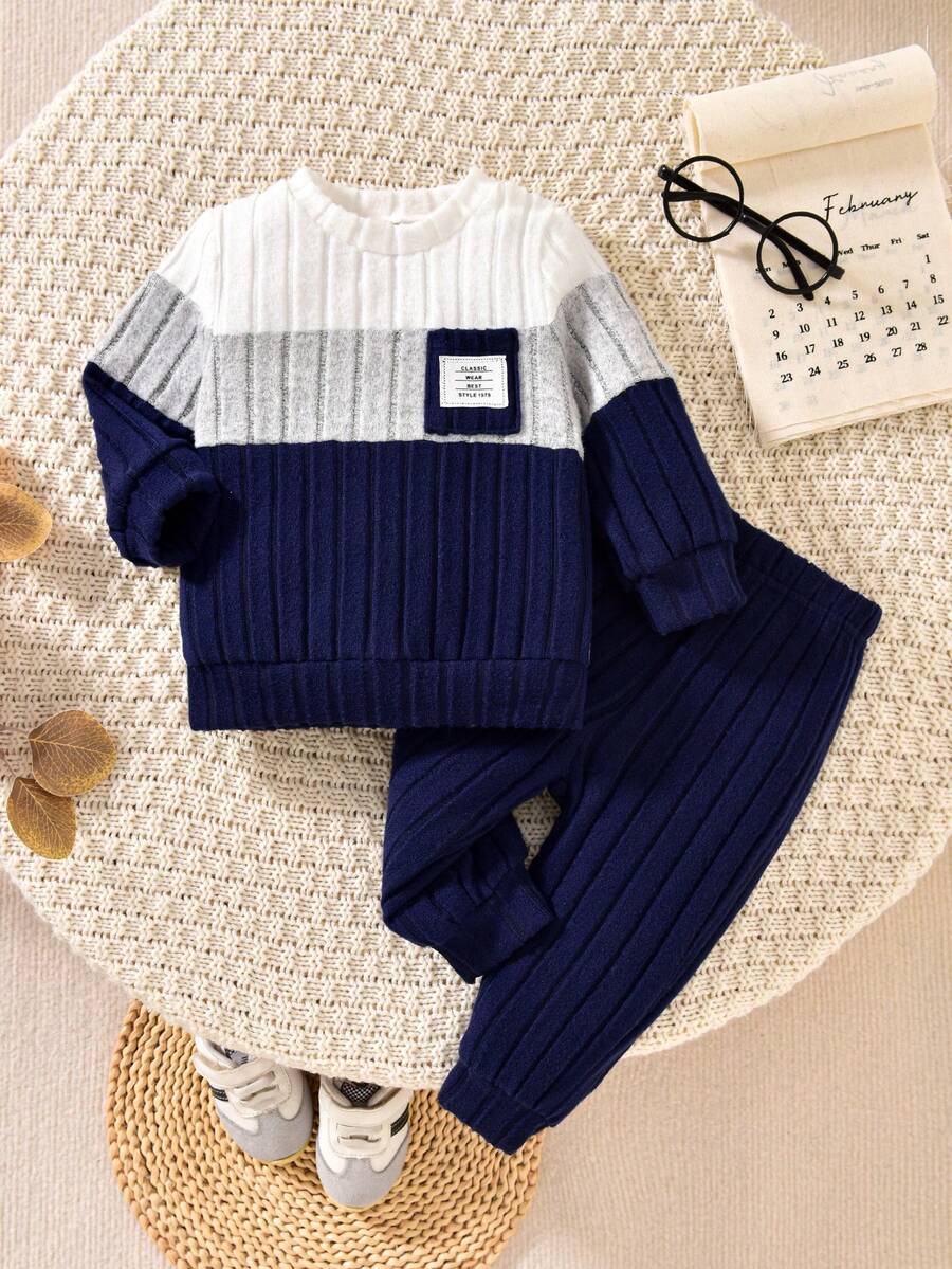 Infant Boys Blue Ribbed Patchwork Long Sleeve Pocket Embroidery Top & Blue Ribbed Pants Set - Blue - View 1