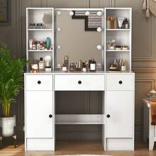 Modern Dressing Table Vanity Stool Set With LED Lights Mirror Shelf  Makeup Desk - White - View 2