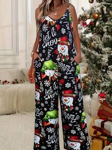 Christmas Snowman Print Wide Leg Jumpsuit With Pockets - Relaxed Fit, Stretch Polyester Blend, Available In Sizes S-XXL, All Seasons (No Underwear) - 彩色 - 查看 1