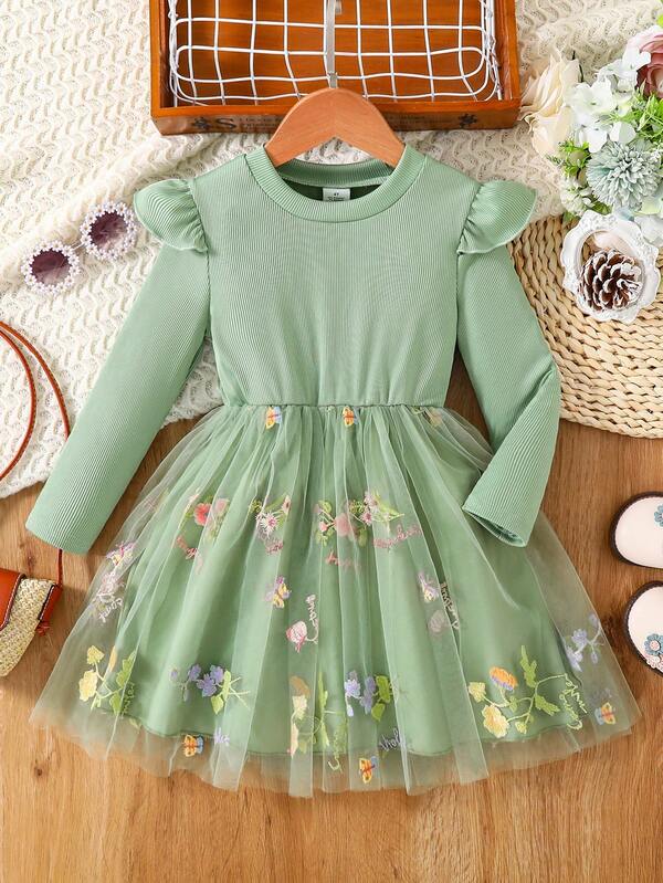 Robe verte en maille brodée de fleurs à manches longues pour fille, combinaison décontractée patchwork printemps-automne, jolie robe tricotée à la mode à volants, robe de princesse, pour les 4-5-6-7-8 ans, douce et confortable, idéale pour l'extérieur, les jeux, le quotidien, les voyages et les fêtes.