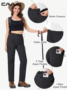 Cavva Women's Water-Resistant Hiking Pants Quick-Dry Lightweight Comfort Stretch Mid-Rise Elastic Sides 5 Secure Pockets Thigh Zipper Straight Leg Cut Golf Camping Traveling - Black - View 5