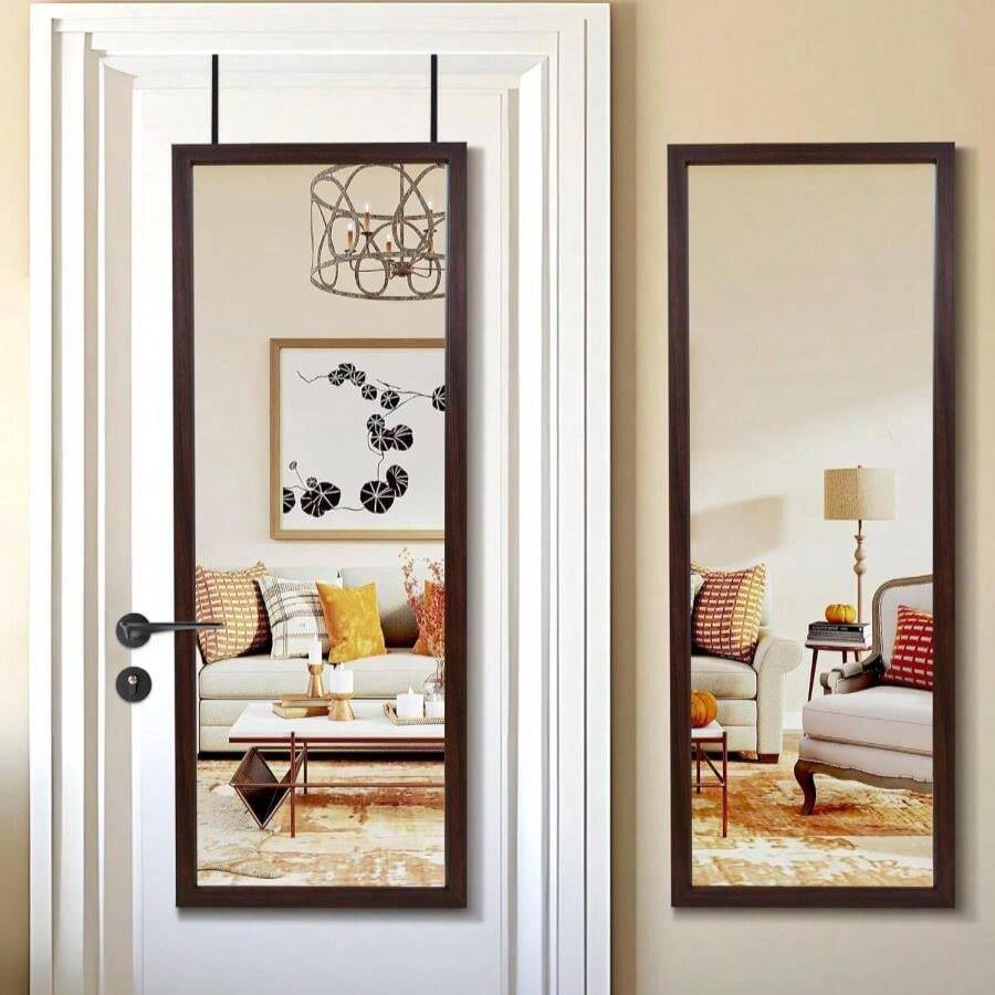 PexFix Door Mirror 18"X51"Sleek Frame Floor Mirror Full Length Over The Door Dressing Mirror Vertital Hanging Wall Mirror Rectangle Decor With 2 Removable Hangers - Brown,Walnutcolor-18''X51'',Brown