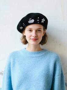 1 件奢华百搭轻质优雅珍珠和水钻天鹅羊毛贝雷帽，温暖透气，适合派对、聚会、舞会、节日、圣诞礼物、日常穿着，100% 羊毛 - 多色 - 查看 3