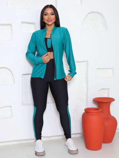 TRIO - Conjunto de Academia Feminino 3 Peças Kit Fitness Jaqueta Bomber + Top + Calça em Dry Fit (TOP E BOMBER TAMANHO ÚNICO)