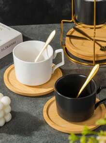 4pcs/Set Ceramic Marble Coffee Cup Set With Gold Stand, Including 4 Cups, 4 Saucers, 4 Spoons, Available In Turquoise Flower Design, 180ml Cappuccino/Latte Cups With Marble Pattern In Black Or White, Handled Espresso Cups
