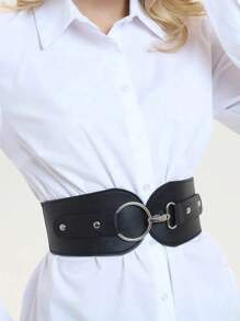 1 件女士黑色 PU 大圆扣腰带，时尚简约，适合日常通勤和派对穿着