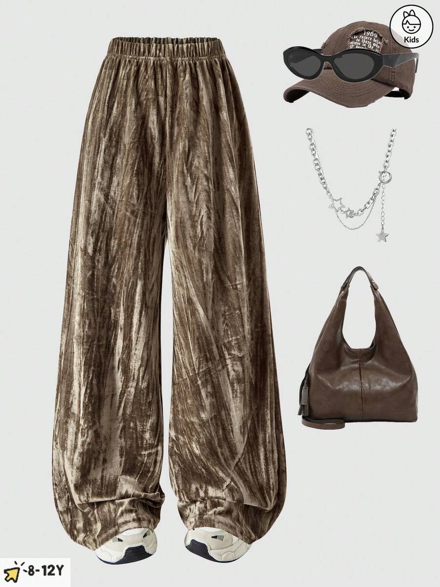 春秋冬款时尚优雅天鹅绒宽松休闲裤,适合女孩穿着,面料舒适,适合日常户外穿着 - 棕色 - 查看 1