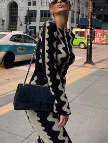 女士冬季毛衣：优雅复古波浪提花针织长喇叭袖修身毛衣裙秋冬女装、长款派对礼服、优雅派对礼服、优雅、时尚、街头服饰。 - 黑色 - 查看 4