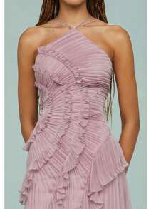 Y2k Ruffle Long Dress For Women Halter Backless Irregular Hem Ruched Boho Maxi Dress - Blush Crush - 查看 5