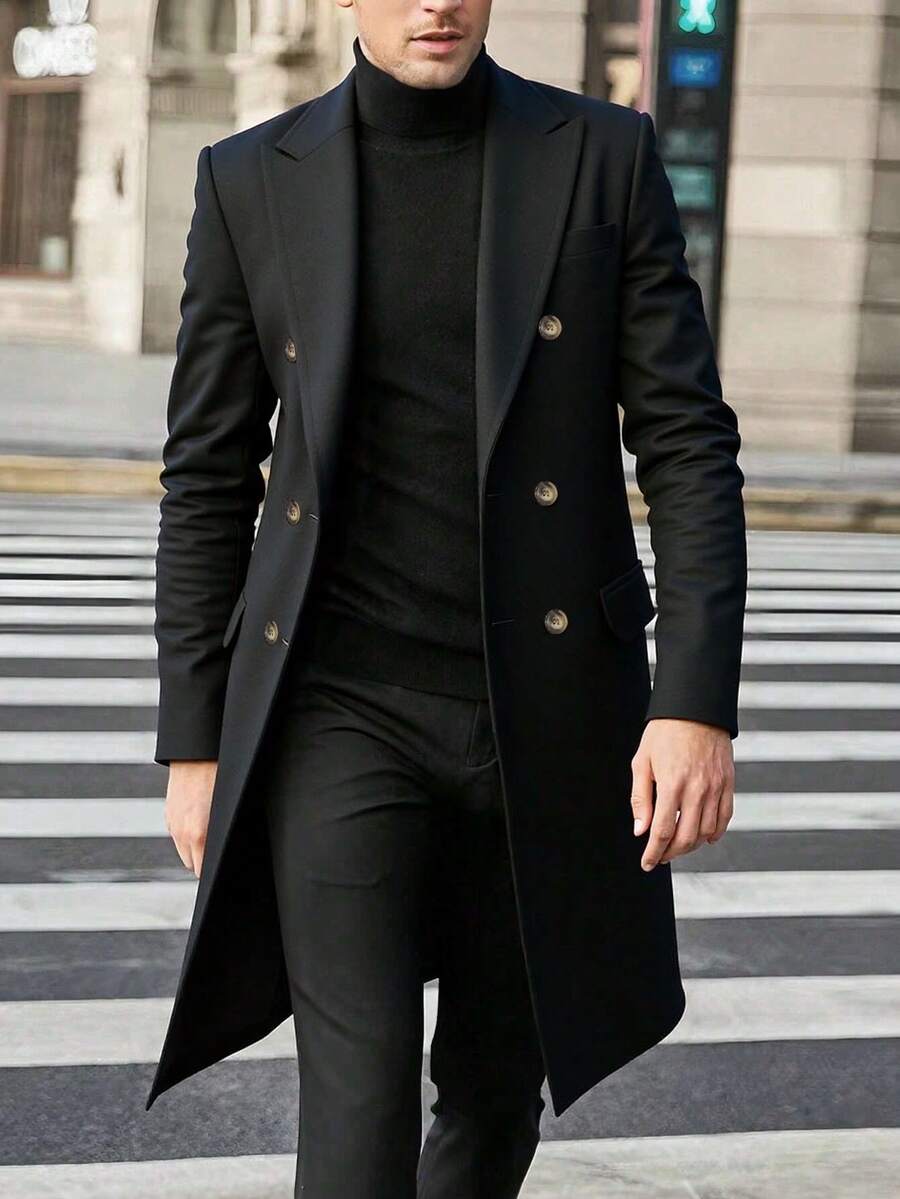 Manteau croisé pour homme, cadeau décontracté pour petit ami/mari, automne/hiver - Noir - Voir 1