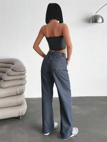 Damen hohe Taille Knie Laser Destroyed Weite Hose, einfarbige Hosentaschen mit Reißverschluss