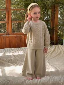 DAZY Young Girl Solid Color Sweater And Pants Set, Casual, Autumn/Winter - Khaki - View 3