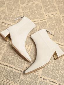 2025秋季新款优雅简约米色短靴，女士粗跟尖头高跟鞋，踝靴，秋冬季百搭时尚踝靴 - 米色 - 查看 4