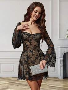 Women's Flare Sleeves Lace Witchy Gothic Dresses A Line Y2K Dress Mesh Sheer Night Out Dresses Floral Lace Bodycon Mini Dress Retro Vintage Dress Halloween Party Costume - 黑色 - 查看 1