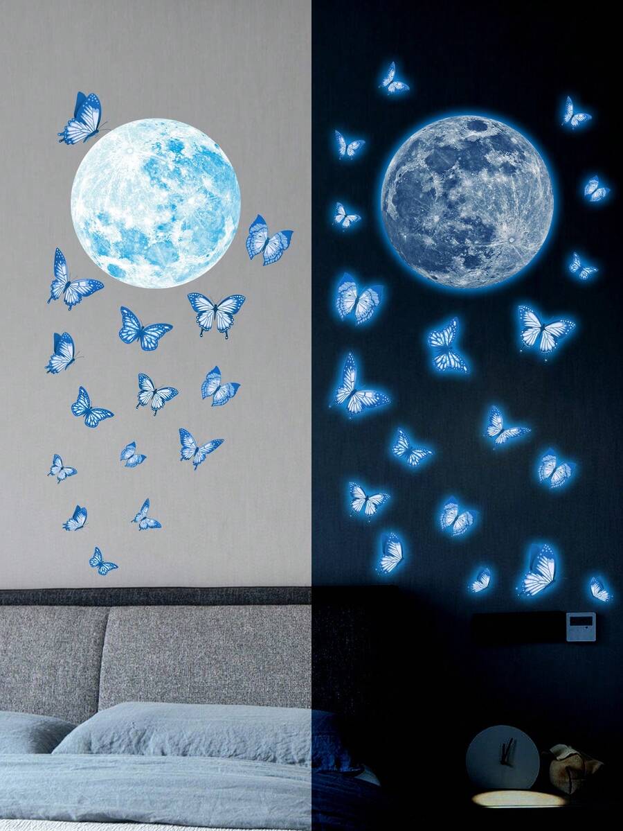 1/3/5pcs Moon, Butterfly Luminous Stickers Waterproof PVC Self-Adhesive Removable Luminous Stickers Suitable For Bedroom, Children's Room Wall Stickers Halloween, Christmas Gifts For Friends And Family. Room Decor Bedroom Decor Kitchen Decor Wall Decor