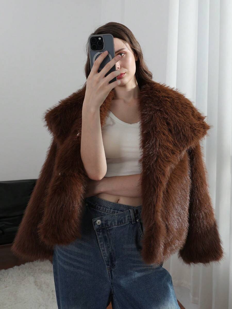 HH Faux Fur Jacket For Women Elegant Solid Lapel Long Sleeve Coat Casual Loose Female Winter Oversize Lady Chic Streetwear Jakcets - Maroon - View 1